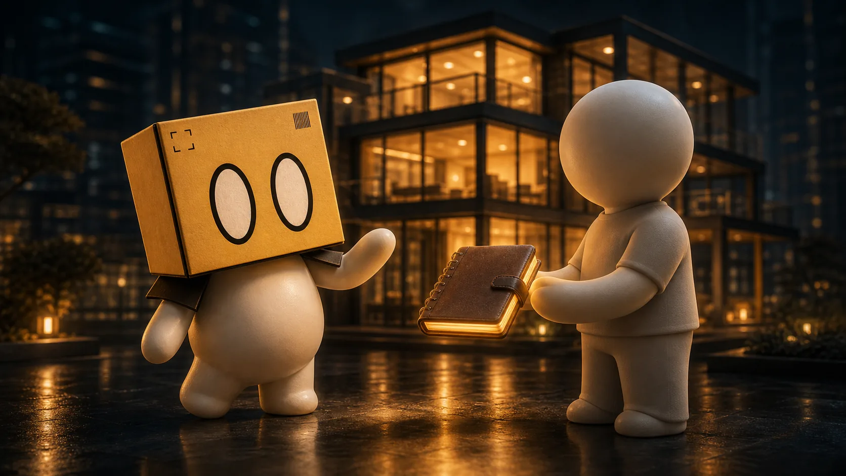 Boxy handing a notebook to a figure beside a lit building.