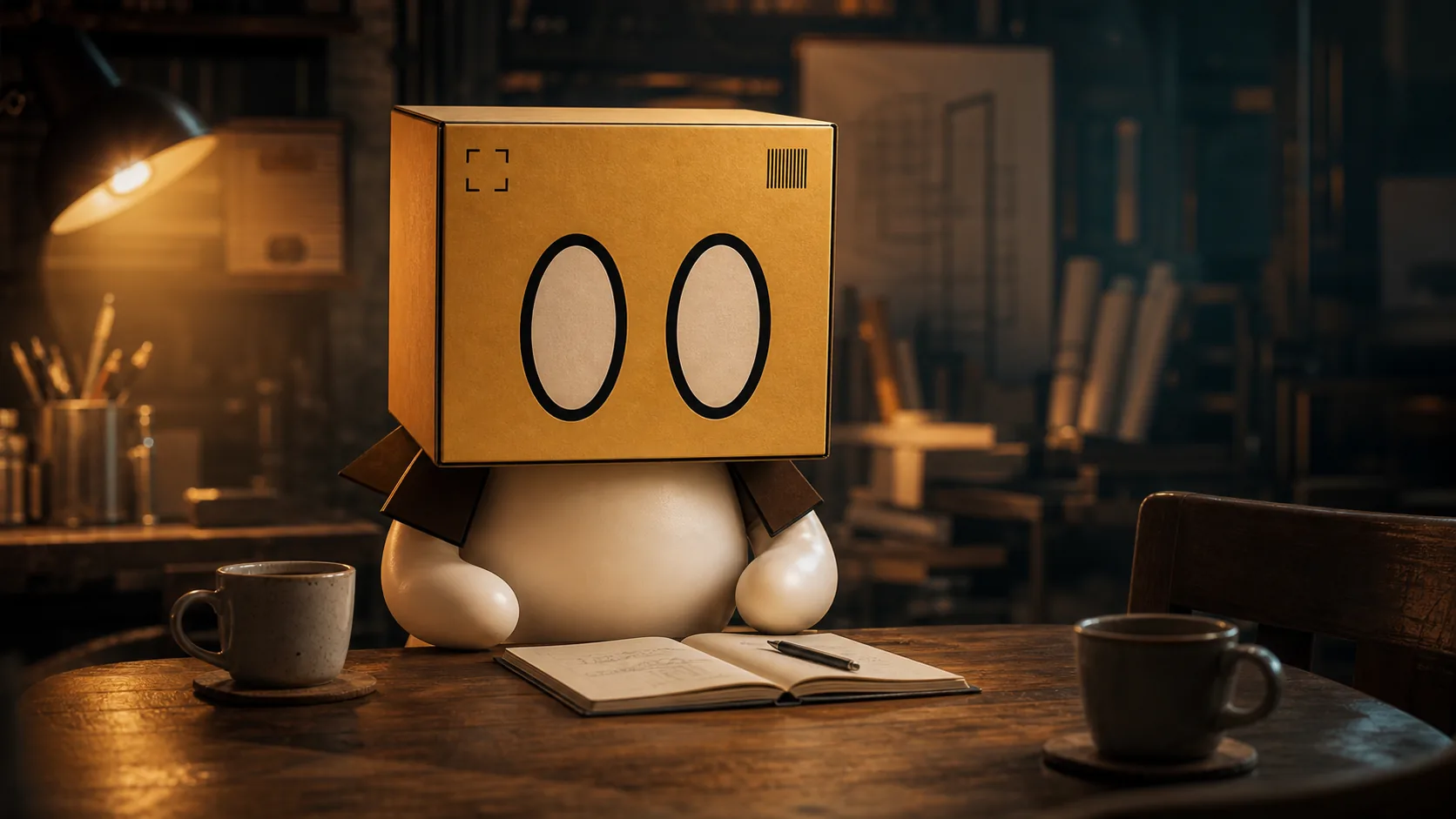 Boxy at a cafe table with a notebook and two cups.