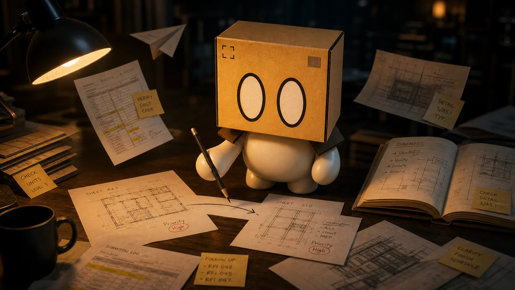 Boxy sketching a floor plan among sticky notes.